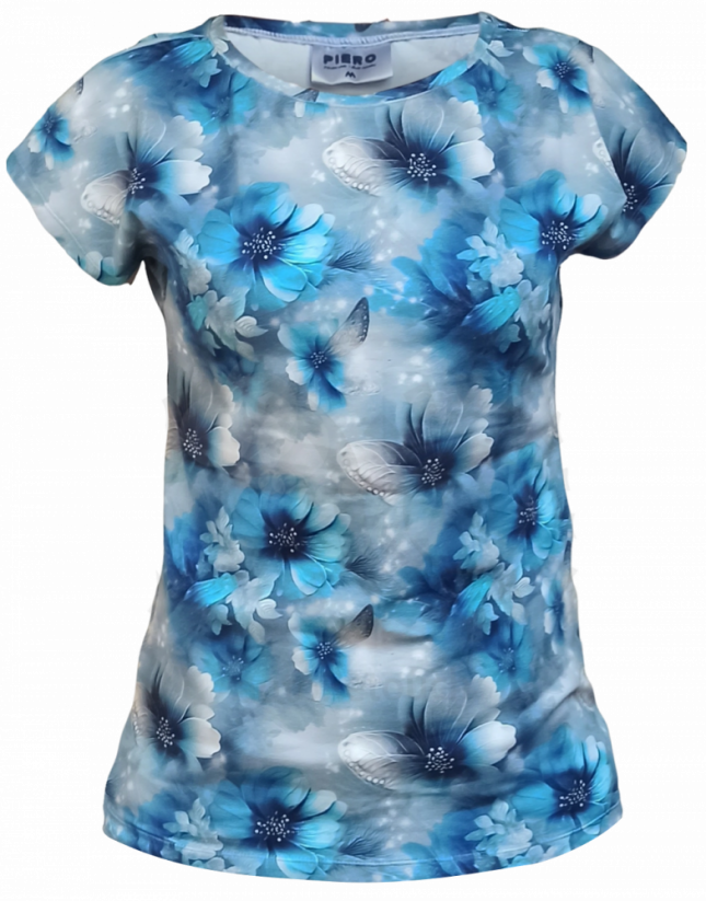 Dámské tričko s přinechaným rukávem Modro stříbrné květy - Velikost: S