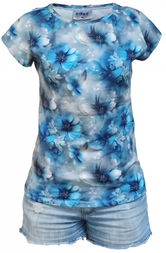 Dámské tričko s přinechaným rukávem Modro stříbrné květy - Velikost: M