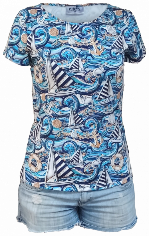 Dámske tričko Plachetnica na modrej - Veľkosť: XL