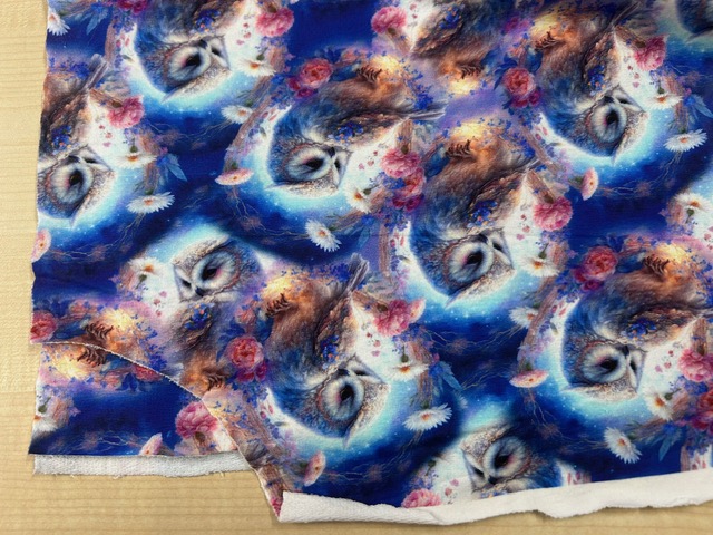 2. jakost - Teplákovina nepočesaná Sovičky na modré- 1m