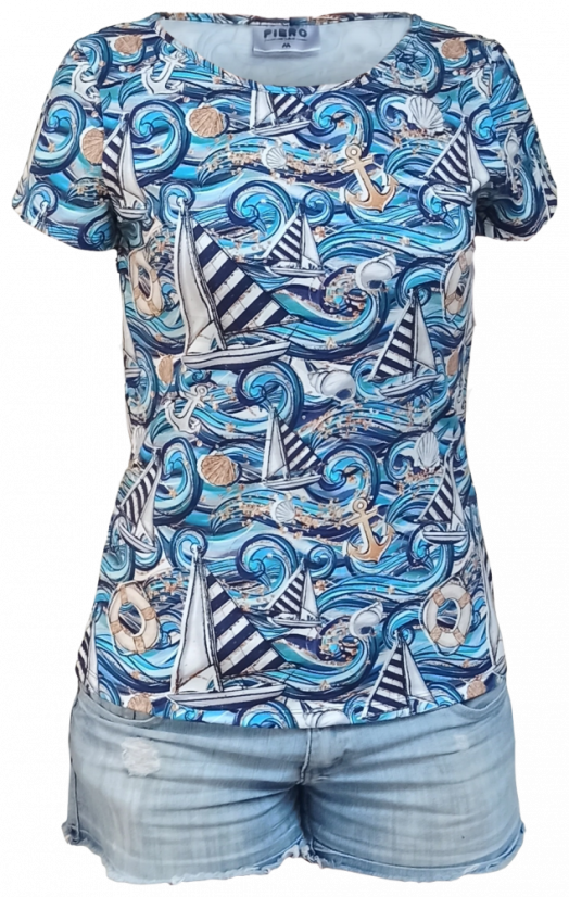 Dámske tričko Plachetnica na modrej - Veľkosť: L