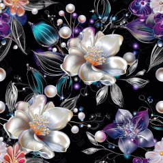 Teplákovina nepočesaná- Perleťové kvety na čiernej