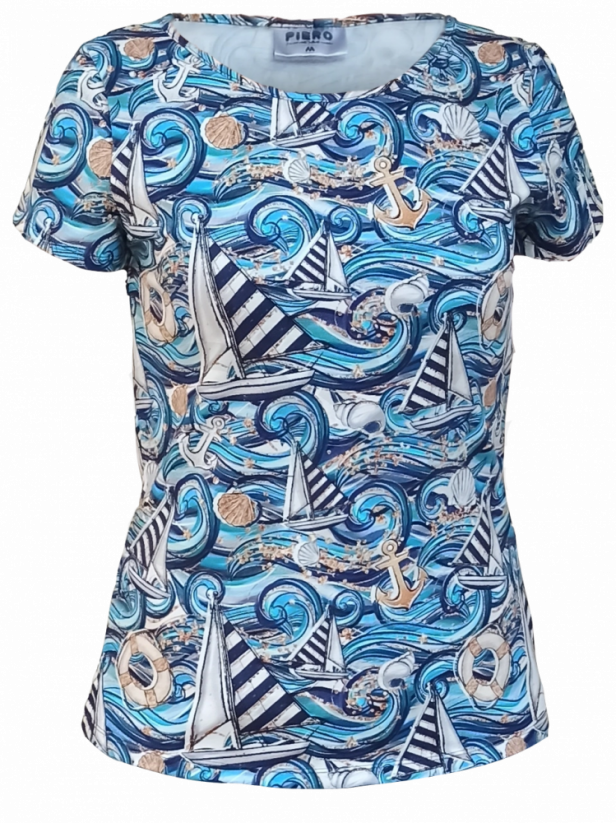 Dámske tričko Plachetnica na modrej - Veľkosť: XL
