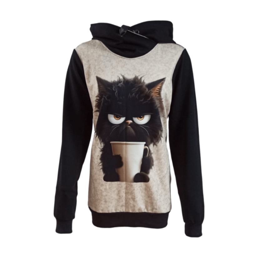 Dámská mikina s kapucí Kočka s kelímkem černý rukáv - Velikost: XL