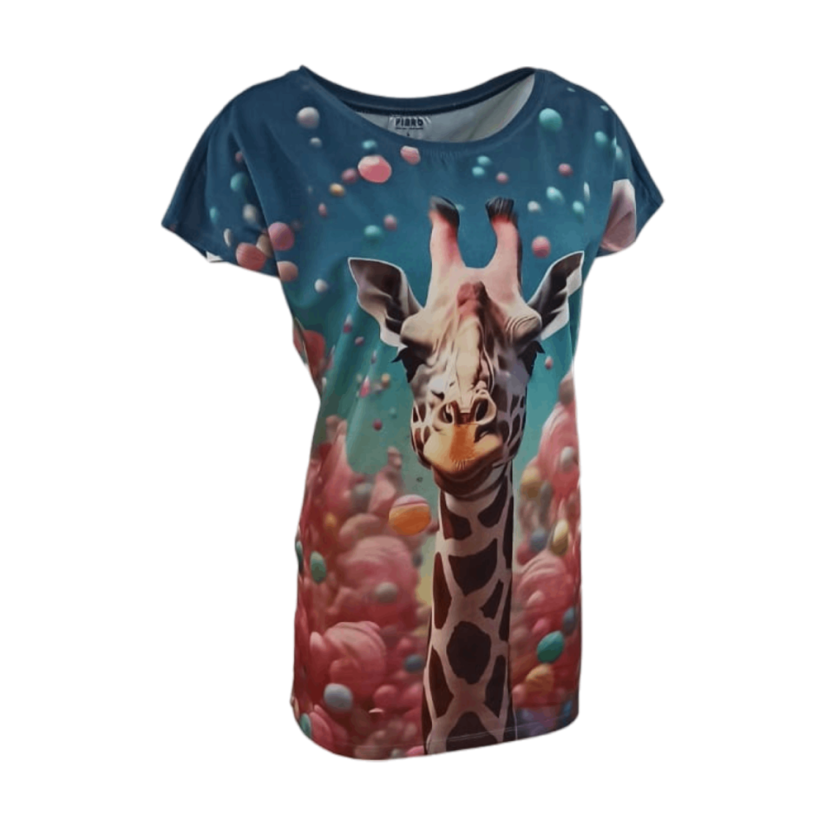 Dámské tričko s přinechaným rukávem Žirafa a bubliny